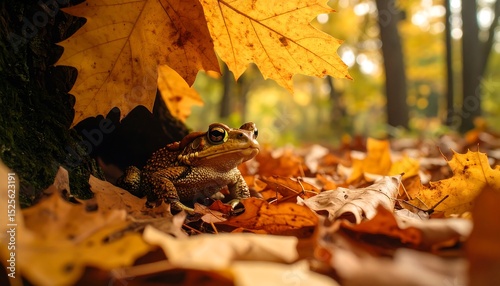 Autumn toad in leaf litter