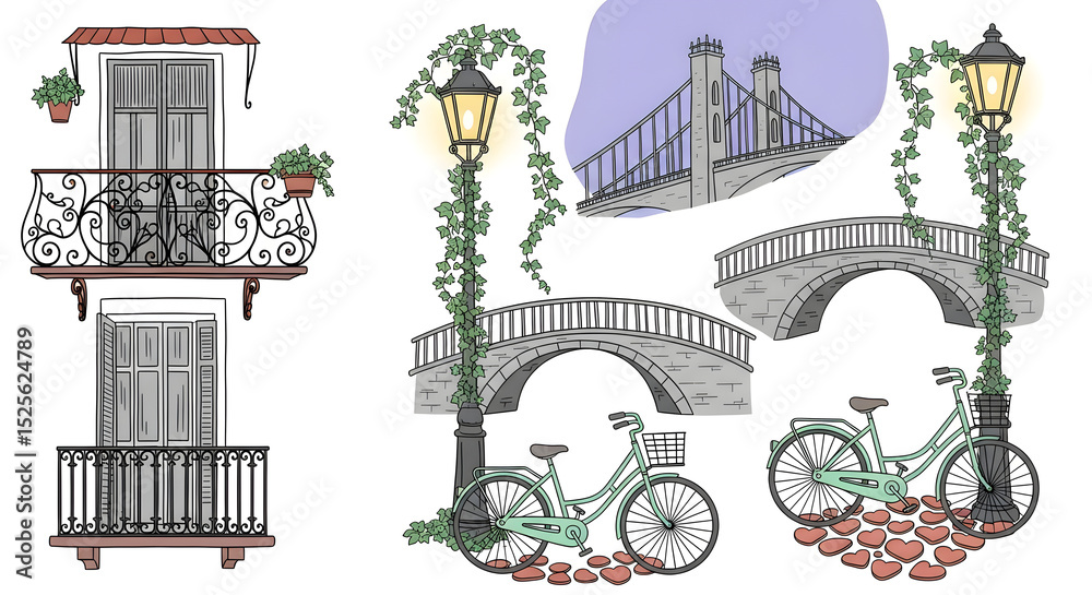 Obraz premium Romantic line art illustrations of charming city details. Hand-drawn wrought-iron balconies (charcoal black with rust accents), snippets of bridges (stone grey), whimsical bicycles (pastel mint green)
