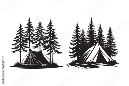 Camping Tent and Pine Trees Silhouettes
