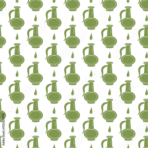 Jug with oil, drop of olive oil. Seamless pattern. Vector illustration.