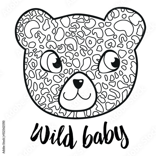 Print cute leopard in black and white version with inscriptions for coloring books. Vector illustration