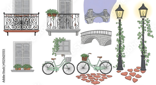 Romantic line art illustrations of charming city details. Hand-drawn wrought-iron balconies (charcoal black with rust accents), snippets of bridges (stone grey), whimsical bicycles (pastel mint green)
