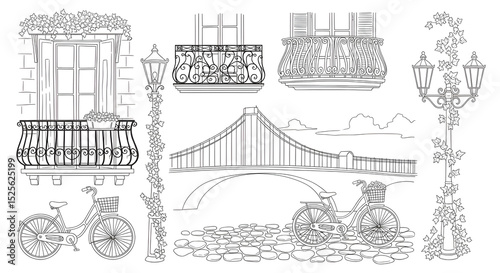 Romantic line art illustrations of charming city details. Hand-drawn wrought-iron balconies (charcoal black with rust accents), snippets of bridges (stone grey), whimsical bicycles (pastel mint green)