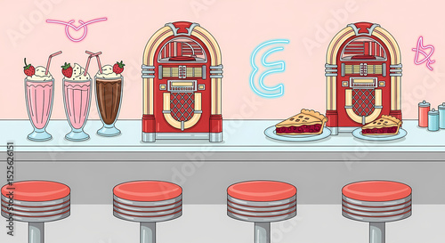 Nostalgic line art illustrations of a retro diner counter. Hand-drawn milkshake glasses (strawberry pink & chocolate brown), classic jukeboxes (cherry red & chrome silver), swivel stools (coral vinyl)