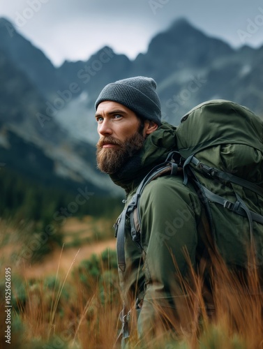 Man with backpack, beard, and cold weather gear hikes in mountainous wilderness.