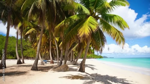 Picturesque tropical beach with palm trees, turquoise water and blue sky on a sunny day evoking feelings of vacation and relaxation