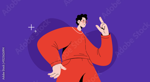 Young man gesturing confidently while wearing red clothing against purple background  