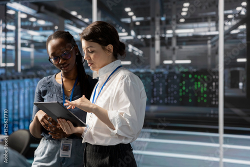 Engineers in data center using device, verifying firewall configurations. Teamworking IT professionals performing equipment vulnerability scans in server hub using tablet