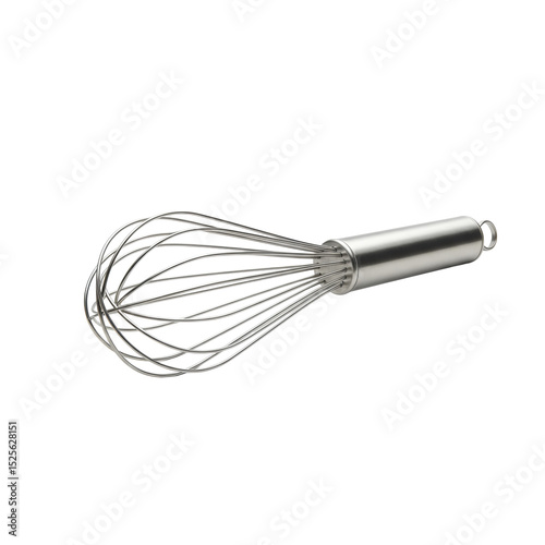 Pristine polished stainless steel wire whisk for a stand mixer, centrally placed on a seamless white background, isolated with no shadows, showcasing intricate details. Concept of kitchen precision
