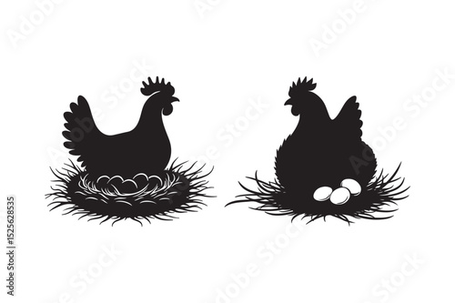 Hen on Nest with Eggs Silhouettes