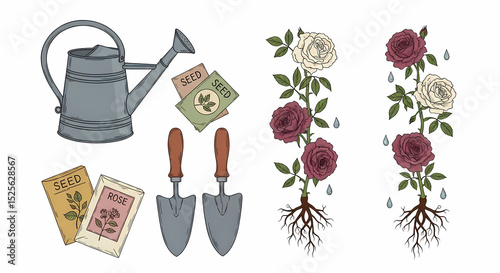 Delicate line art illustrations of garden tools and blooms. Hand-drawn watering cans (galvanized steel grey & robin's egg blue), trowels (rustic terracotta), seed packets (vintage colors: ochre, sage