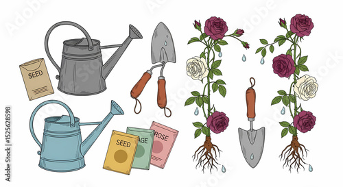 Delicate line art illustrations of garden tools and blooms. Hand-drawn watering cans (galvanized steel grey & robin's egg blue), trowels (rustic terracotta), seed packets (vintage colors: ochre, sage