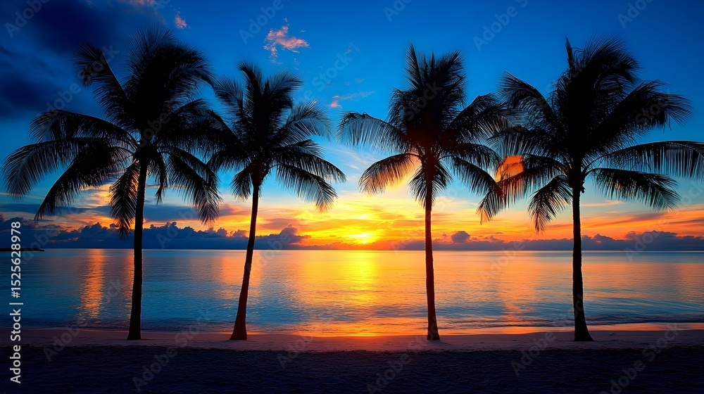 Obraz premium Tropical sunset beach palms silhouette
