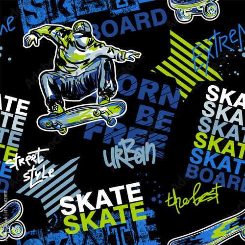 Urban style modern t-shirt  design with boy on skateboard. Sport extreme grunge  illustration for guys on black background. Graffiti words and street art