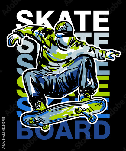 Urban style modern t-shirt  design with boy on skateboard. Sport extreme grunge  illustration for guys on black background. Graffiti words and street art
