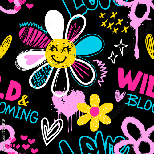 Fashion abstract seamless pattern with flower, graffiti words, slogan and cute signs on black background. Bright Wallpaper on hand draw style for teen girl