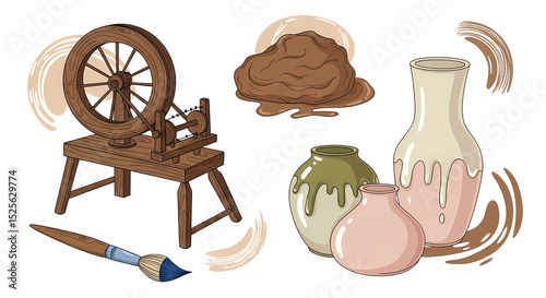 Romantic line art illustrations of pottery studio charm. Hand-drawn spinning wheels (warm walnut wood), clay lumps (raw sienna), simple vases (glazed in muted olive green & blush), and paint brushes 