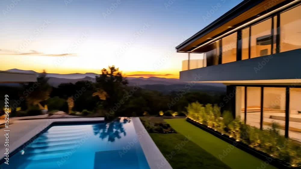 Luxury home exterior with swimming pool and mountains at sunset, fire pit flames, modern design, open floor plan, and patio furniture Luxury home exterior with swimming pool and mountains at sunset, fire pit flames, modern design, open floor plan, and patio furniture