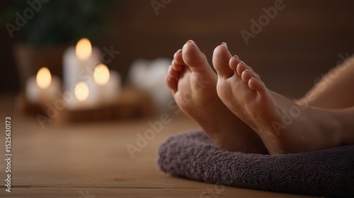 Wallpaper Mural The image captures a serene spa setting, with a person’s relaxed feet gently resting on a soft towel. Lit candles in the background cast a warm glow, embodying tranquility and relaxation. Torontodigital.ca