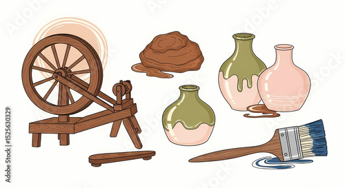 Romantic line art illustrations of pottery studio charm. Hand-drawn spinning wheels (warm walnut wood), clay lumps (raw sienna), simple vases (glazed in muted olive green & blush), and paint brushes 