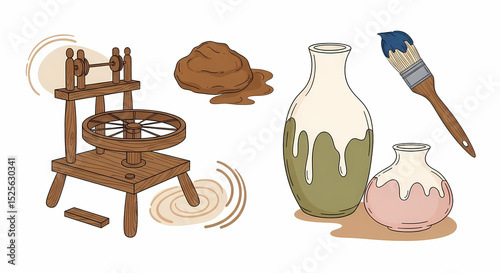 Romantic line art illustrations of pottery studio charm. Hand-drawn spinning wheels (warm walnut wood), clay lumps (raw sienna), simple vases (glazed in muted olive green & blush), and paint brushes 