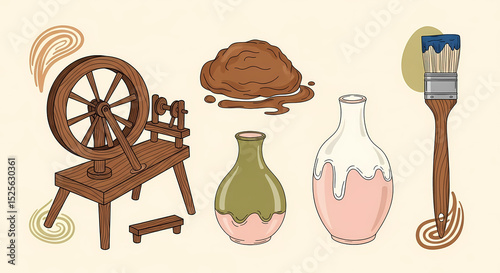 Romantic line art illustrations of pottery studio charm. Hand-drawn spinning wheels (warm walnut wood), clay lumps (raw sienna), simple vases (glazed in muted olive green & blush), and paint brushes 