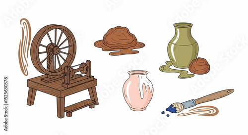 Romantic line art illustrations of pottery studio charm. Hand-drawn spinning wheels (warm walnut wood), clay lumps (raw sienna), simple vases (glazed in muted olive green & blush), and paint brushes 