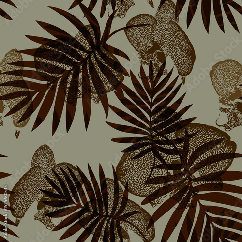 Earth tones tropical exotic flowers with leaves on khaki background. Floral botanical illustration for bedding, home textile, package, fabric. Rapport illustration.