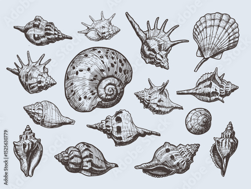 Set of various sea shells, corals oyster, and scallop. engraving vector illustration