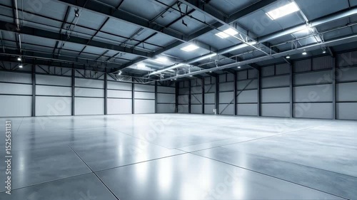 Wallpaper Mural Wide angle view of a vast empty warehouse with metal frame, high ceiling, concrete floor and large sliding doors offering customizable space. Torontodigital.ca