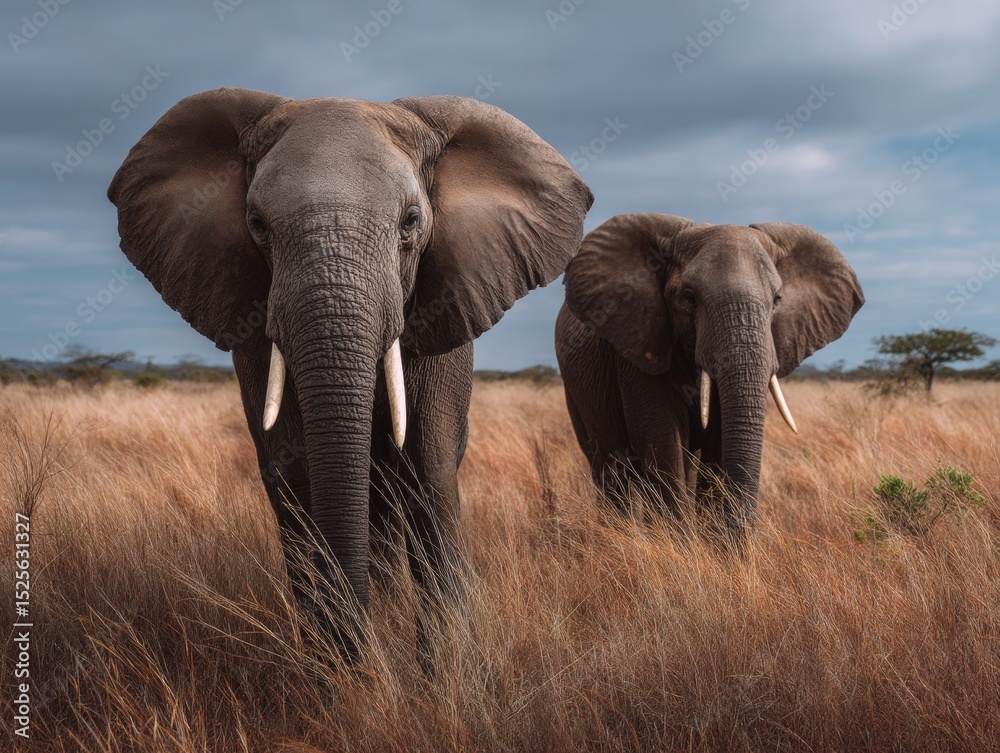 Obraz premium The two elephants are walking together in a grassy field with tall brown grass, under a cloudy sky.