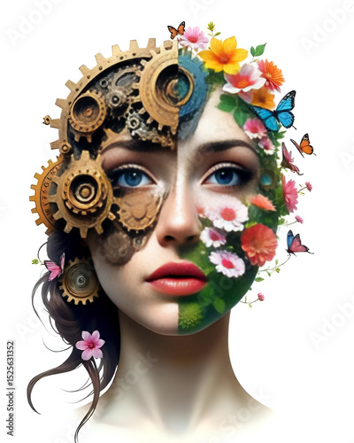 A Split-Face Portrait: One Half Mechanical Gears, the Other Half Nature with Flowers and Butterflies, Symbolizing Logic and Emotion
