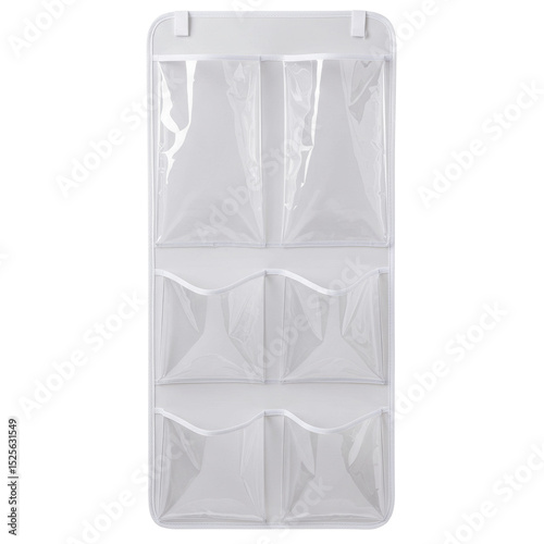 An over-the-door shoe organizer with translucent clear pvc pockets and white non-woven fabric backing, showcasing three empty pockets, isolated against a pure seamless plain white background with