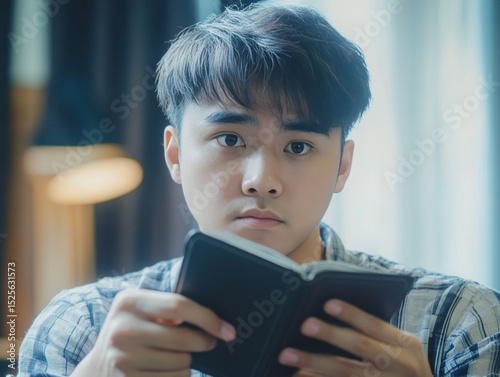 This is a portrait of a young man engrossed in reading. He appears to be focused and interested, suggesting he might be studying or enjoying a good book.