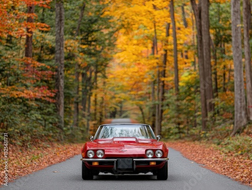 A classic red car drives down a scenic road surrounded by vibrant autumn foliage in a peaceful forest setting.