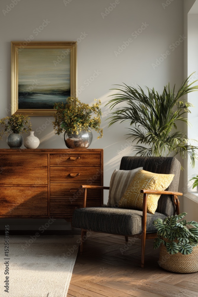 Naklejka premium A neatly arranged living room with a modern sofa, wooden dresser, lounge chair, and decorative plants.