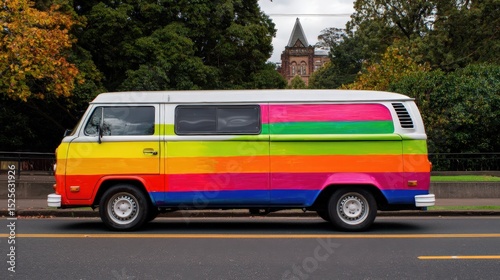A colorful, retro van parked by the roadside with vibrant stripes, set against a backdrop of trees and a historic building.