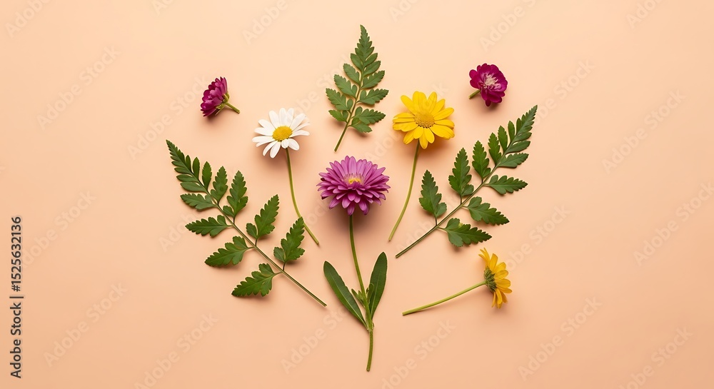 Obraz premium Floral flat lay flowers leaves nature spring summer botanical colorful blossom bloom beauty arrangement 100