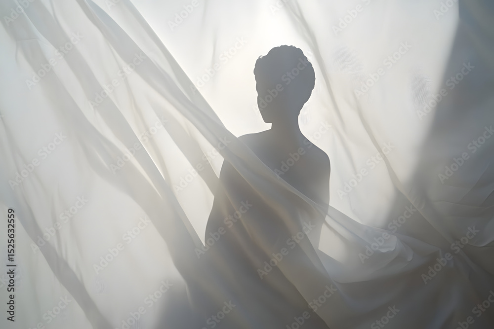 silhouette of a person against the background of a white sheet, the effect of a statue or a ghost silhouette of a person against the background of a white sheet, the effect of a statue or a ghost