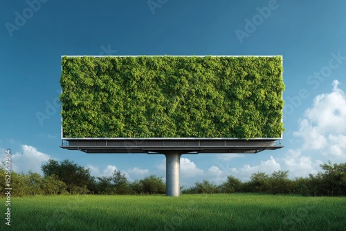 Ad promoting environmental initiatives with green foliage backdrop. photo