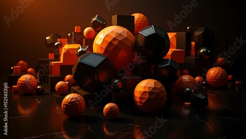 Abstract Geometric Shapes in Orange and Black, 3D Render