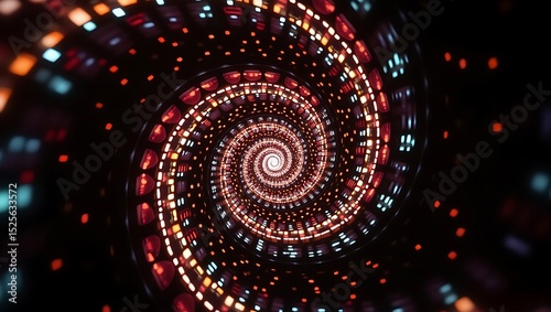 Intricate spiral tunnel with vibrant glowing lights.