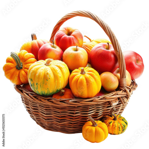 Vibrant basket filled with assorted pumpkins and apples, showcasing delightful mix of colors and shapes. warm hues of orange and yellow pumpkins contrast beautifully with red and green apples