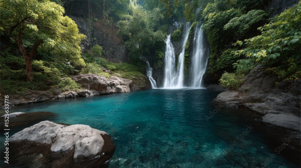 Naklejka premium Vibrant natural scene featuring a multi-tiered waterfall cascading into a clear blue lagoon. Surrounded by tropical rainforest, this location is ideal for nature lovers and adventure seekers.