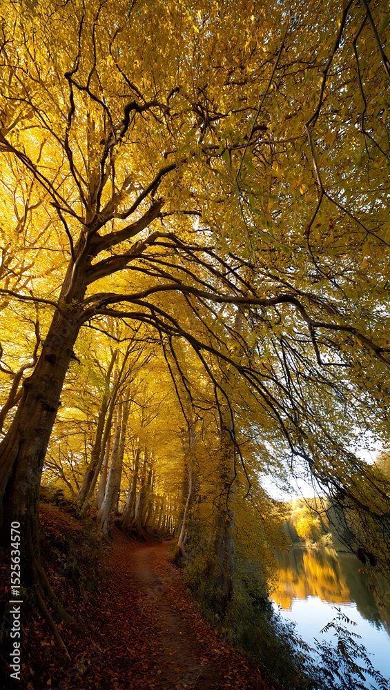 Fototapeta premium Golden Canopy A Path Through Autumn's Embrace