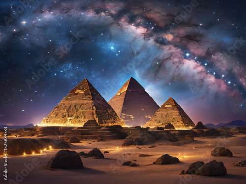 Starry sky and Egyptian pyramids photo