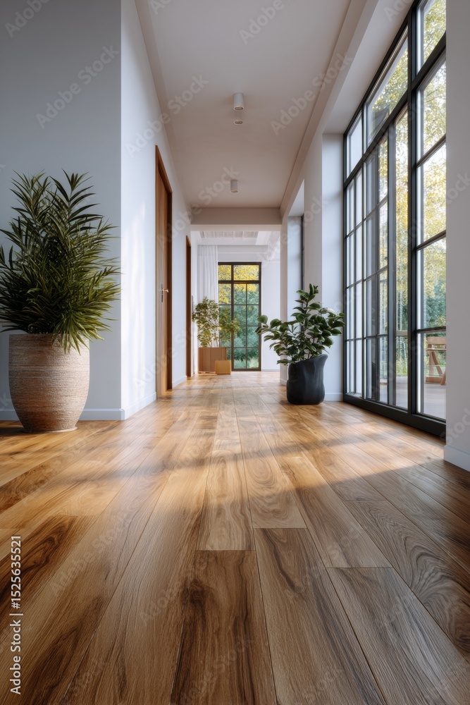 Fototapeta premium Large living space with wooden floors, natural light and plants.