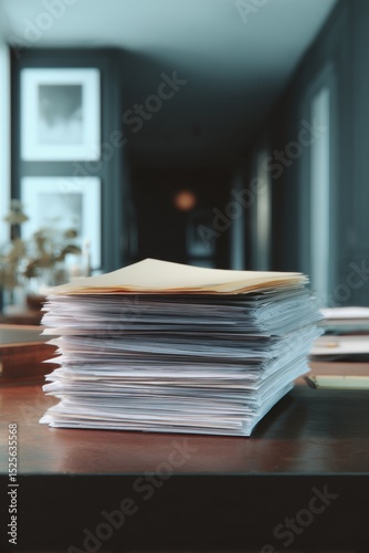 A pile of documents on top of a desk, indicating business or legal work.