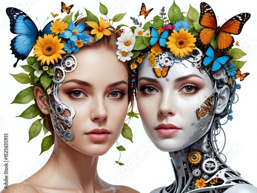 A Split-Face Portrait: One Half Mechanical Gears, the Other Half Nature with Flowers and Butterflies, Symbolizing Logic and Emotion