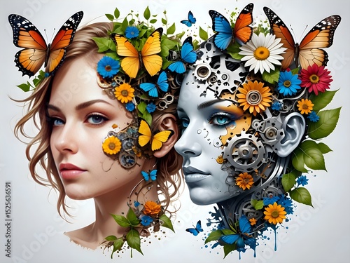 A Split-Face Portrait: One Half Mechanical Gears, the Other Half Nature with Flowers and Butterflies, Symbolizing Logic and Emotion